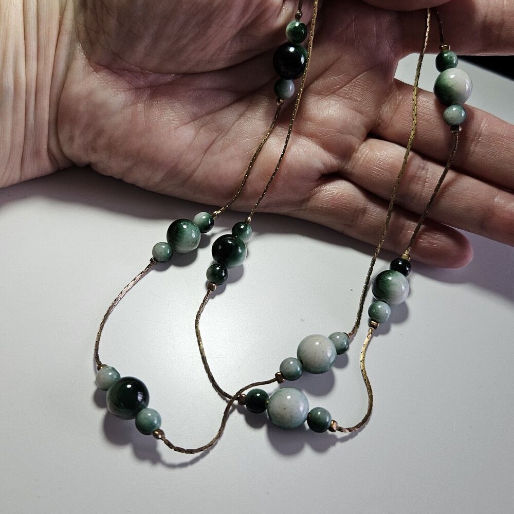 Yellow Gold Filled Green White Beaded Necklace 28"